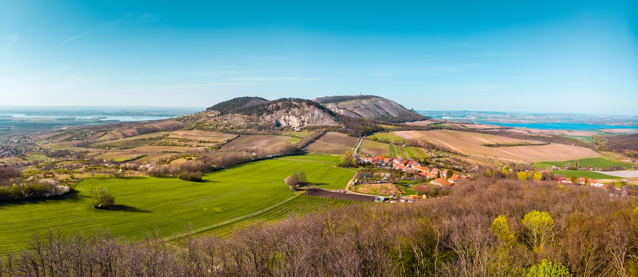 Široké panorama Pálavy s vápencovými kopci, vinicemi, poli a vesnicí.